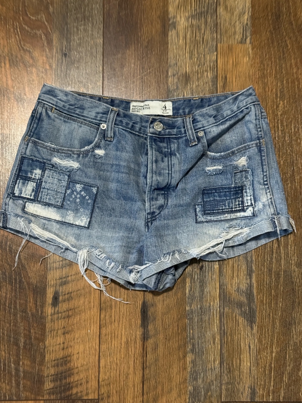 Abercrombie & Fitch Patchwork High Rise Button Fly Denim Shorts Sz 4